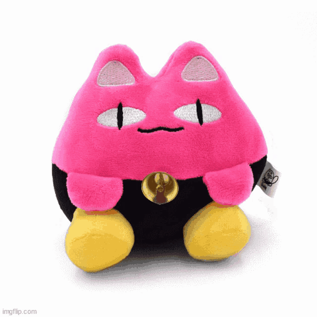 a pink stuffed animal with black pants and yellow feet is sitting on a white background