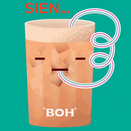 a cartoon illustration of a glass of iced tea with a straw and the words sien boh