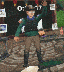 a man in a video game is standing in front of a clock that says 00:17