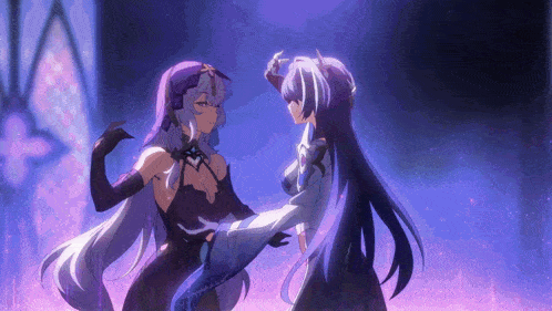 a couple of anime girls standing next to each other in a dark room