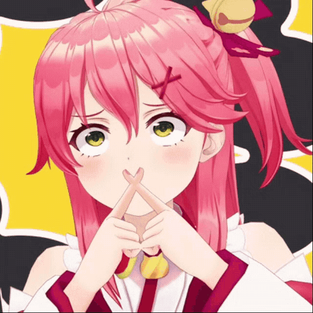 a girl with pink hair and green eyes is making a gesture with her hands