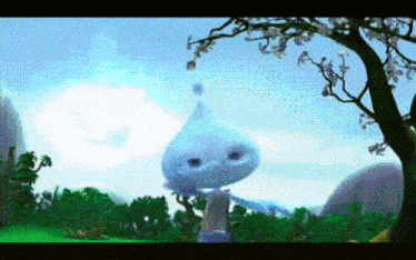 a cartoon character is standing in a field with a tree in the background