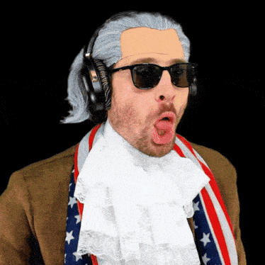 a man wearing a wig and headphones has his tongue out