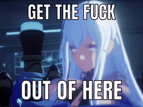 a picture of a girl with the words get the fuck out of here on it