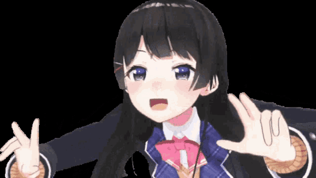 a girl with long black hair and blue eyes is making a peace sign