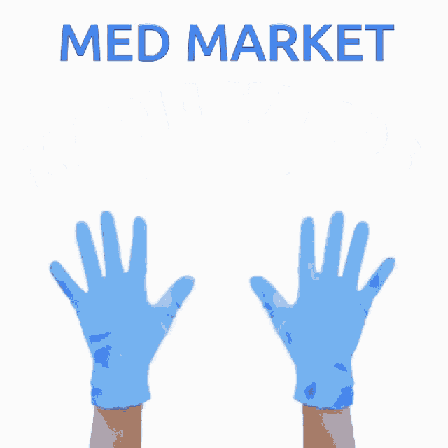 a pair of hands wearing blue gloves with the words med market magic hands above them