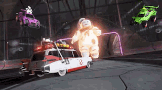 a ghostbusters vehicle is driving down a road next to a green car .