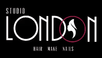 a logo for studio london hair make nails with a woman 's face in a red circle