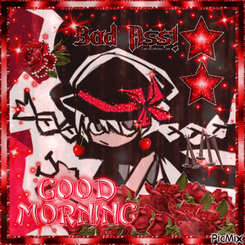 a picture of a girl with a cherry on her nose and the words good morning