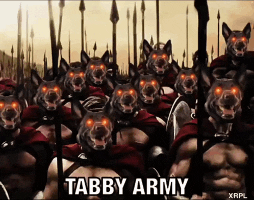 a group of soldiers with red eyes and the word tabby army on the bottom