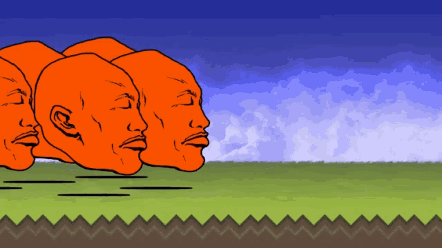 a cartoon drawing of three orange heads in a field with a blue sky in the background