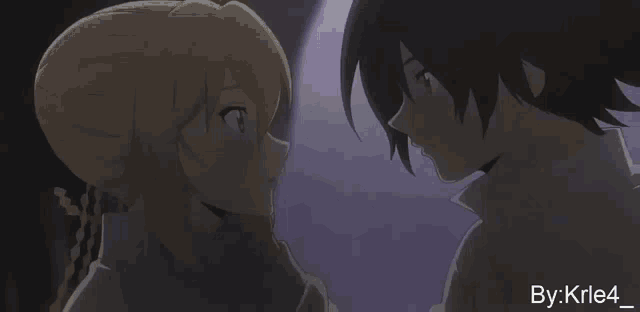 a man and a woman are looking at each other with the words by : krle4_ on the bottom
