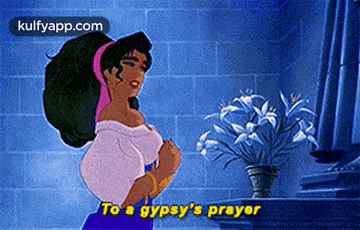 a cartoon of a woman praying in front of a vase of flowers .