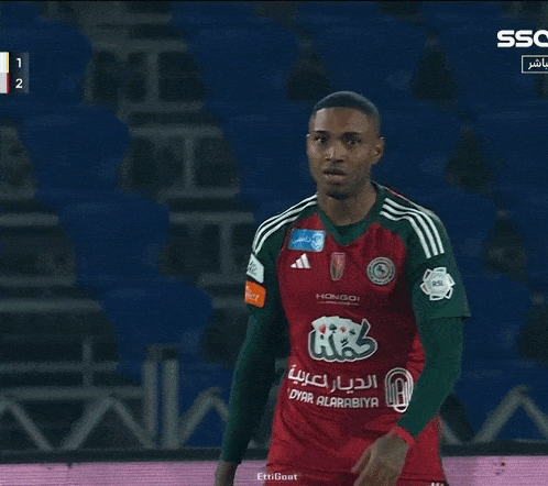 a soccer player wears a red and green jersey with the word hongoi on the front