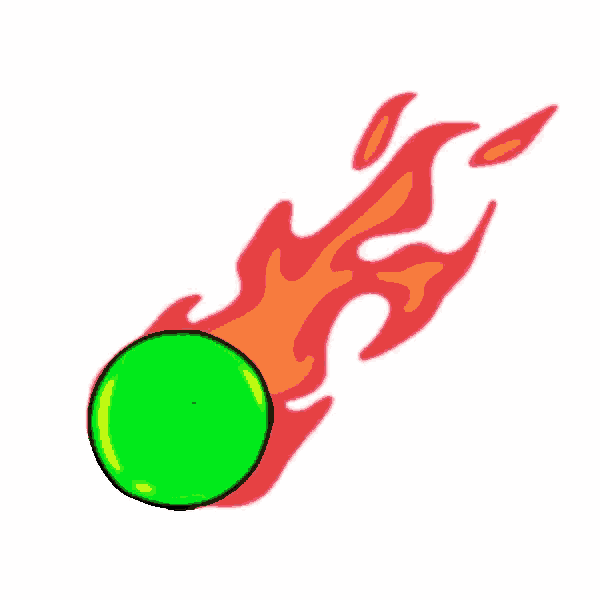 a green golf ball is flying through the air with flames coming out of it