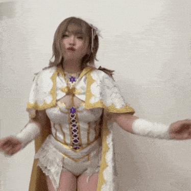 a woman in a white and gold costume with purple lace