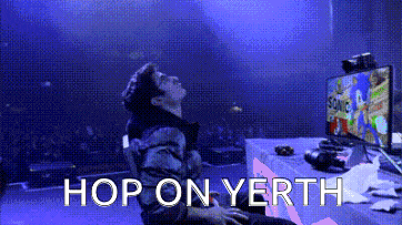 a man playing a video game with the words hop on yerth