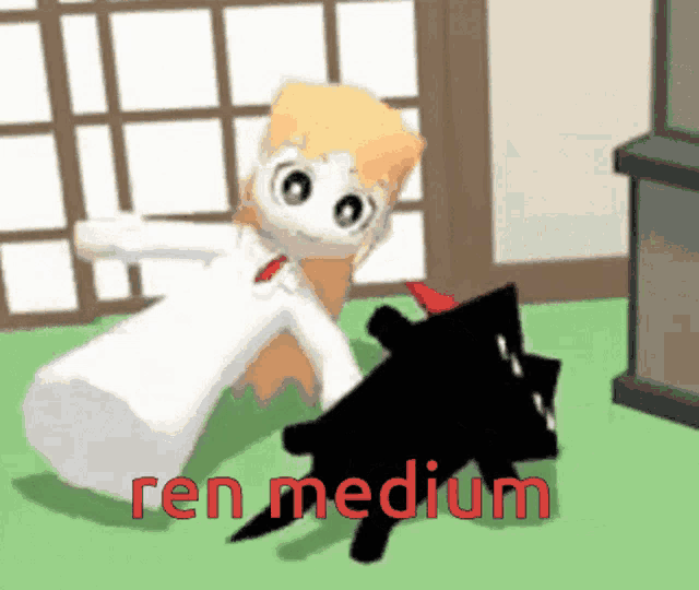 a cartoon of a girl and a black cat with ren medium written in red letters