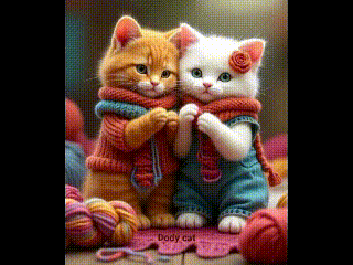 two kittens wearing scarves and sweaters are sitting next to each other .