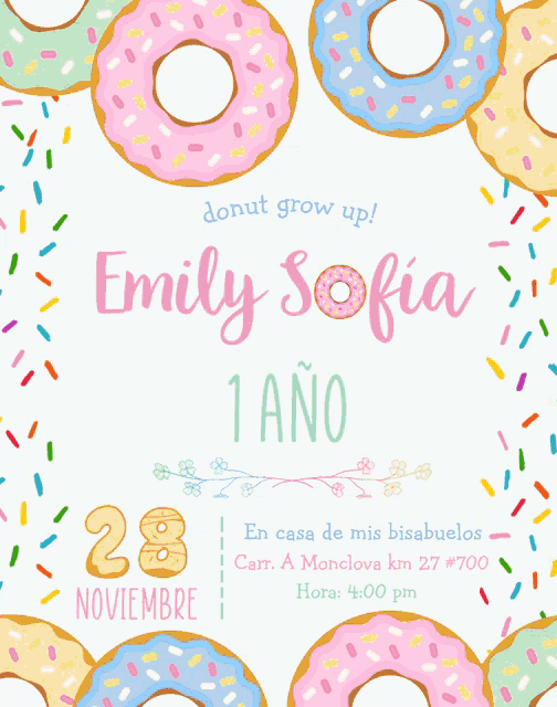 an invitation for emily sofia 's first birthday on november 28th