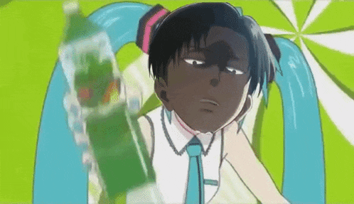 a cartoon character is holding a bottle of soda and making a funny face .