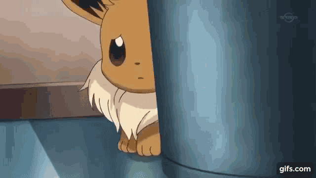 a cartoon eevee peeking out from behind a pillar .