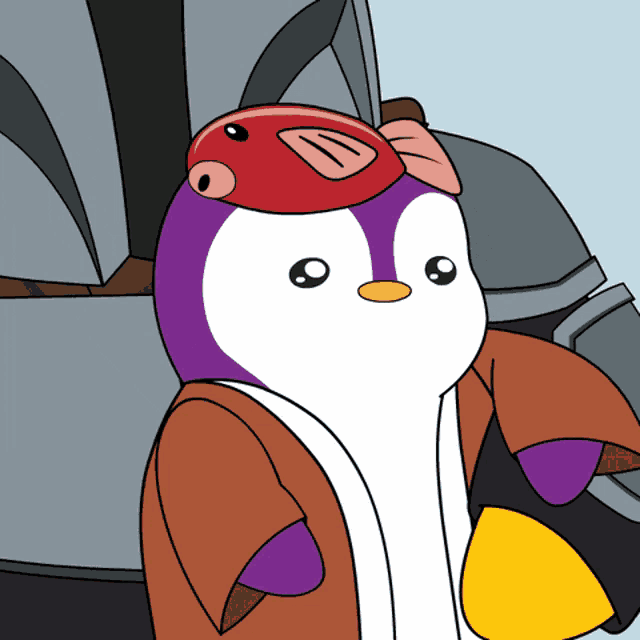 a cartoon of a penguin wearing a red hat and a brown jacket