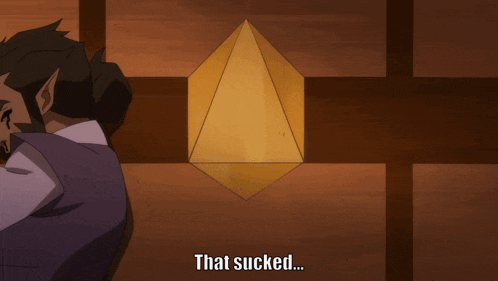 a cartoon character says " that sucked " in front of a gold pyramid