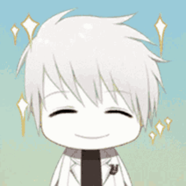 a cartoon character with white hair is smiling and wearing a lab coat and tie