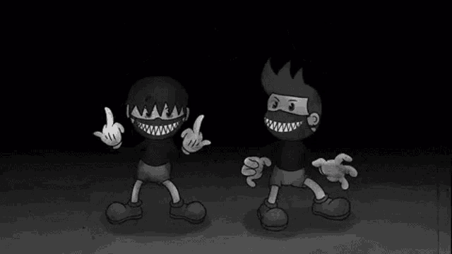 a couple of cartoon characters standing next to each other in a dark room .