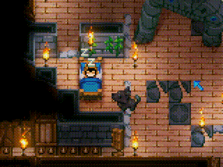 a video game shows a man in a bed with a blue blanket