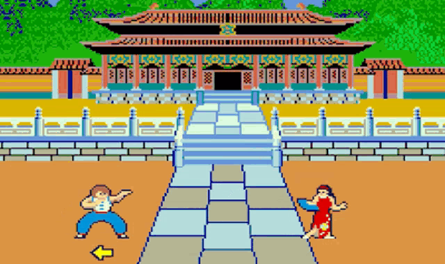 a pixel art of a man and a woman fighting in front of a building with an arrow pointing to the right