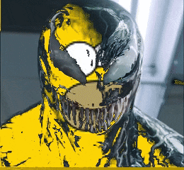 a close up of a cartoon character with a yellow and black face