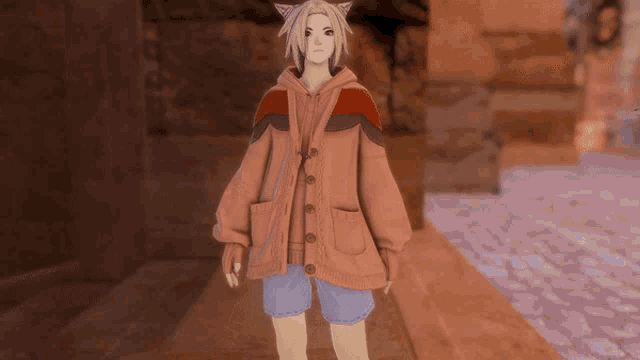 a girl with cat ears is wearing a pink jacket