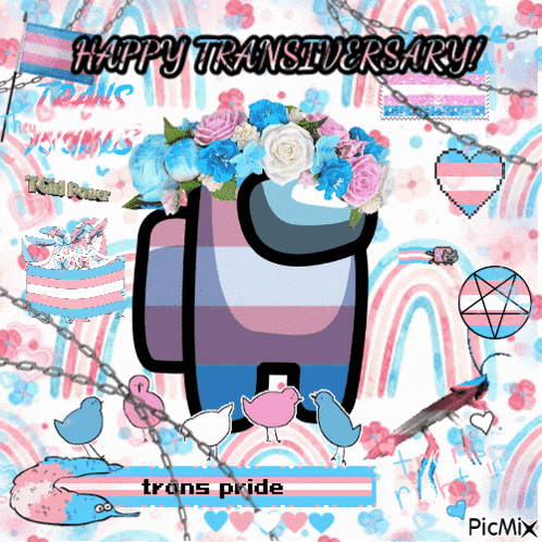 a happy transversary greeting card with a among us character