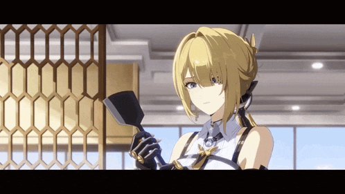 a girl with blonde hair is holding a spatula in her hand