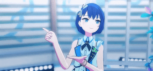 a girl with blue hair and a blue dress is pointing at something .