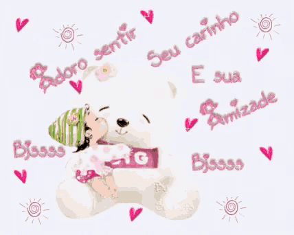 a little girl is kissing a teddy bear with the words " seu carinho " written on it
