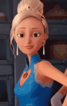 a cartoon girl wearing a blue dress and a tiara is standing in a room .