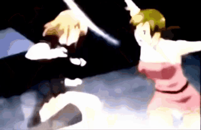 a blurry picture of two anime characters fighting with swords .