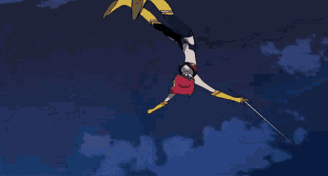 a cartoon character with red hair and yellow gloves is jumping in the air