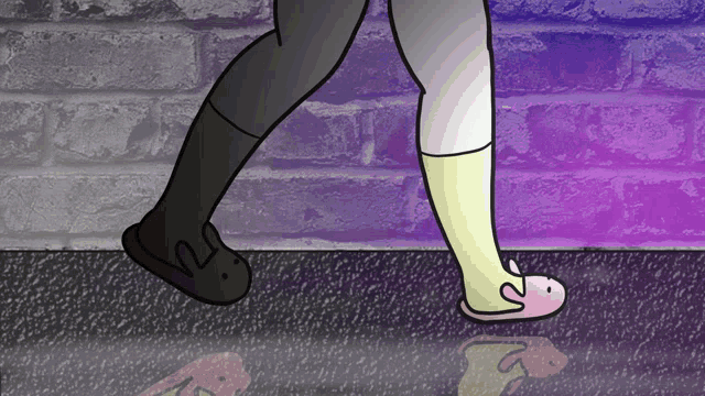 a drawing of two people standing next to each other with a purple background