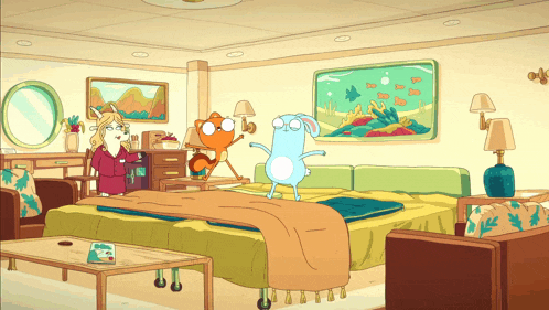 a cartoon drawing of a room with a cat and a rabbit dancing