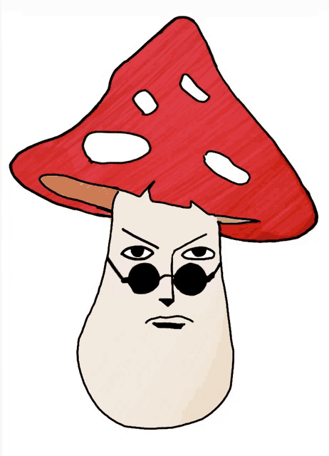 a cartoon drawing of a mushroom with a face and sunglasses
