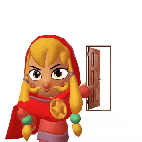 a cartoon character in a red cape is standing in front of a door
