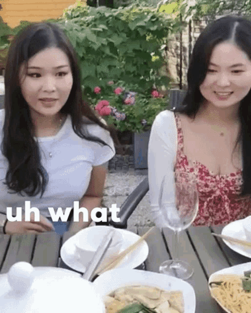 two women are sitting at a table with plates of food and a glass of wine with uh what written on the bottom right