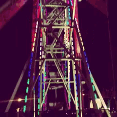 a ferris wheel is lit up at night in a dark city