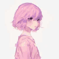 a girl with purple hair is wearing a pink hoodie