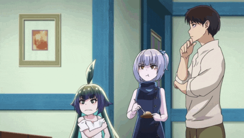 a man and two girls are standing in a room with a picture on the wall behind them