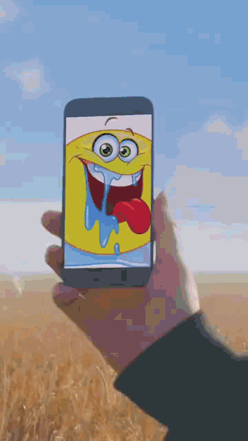 a person is holding a cell phone with a smiley face on the screen